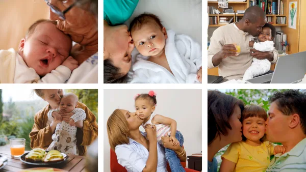 Various photos of children hugging and kissing parents and family