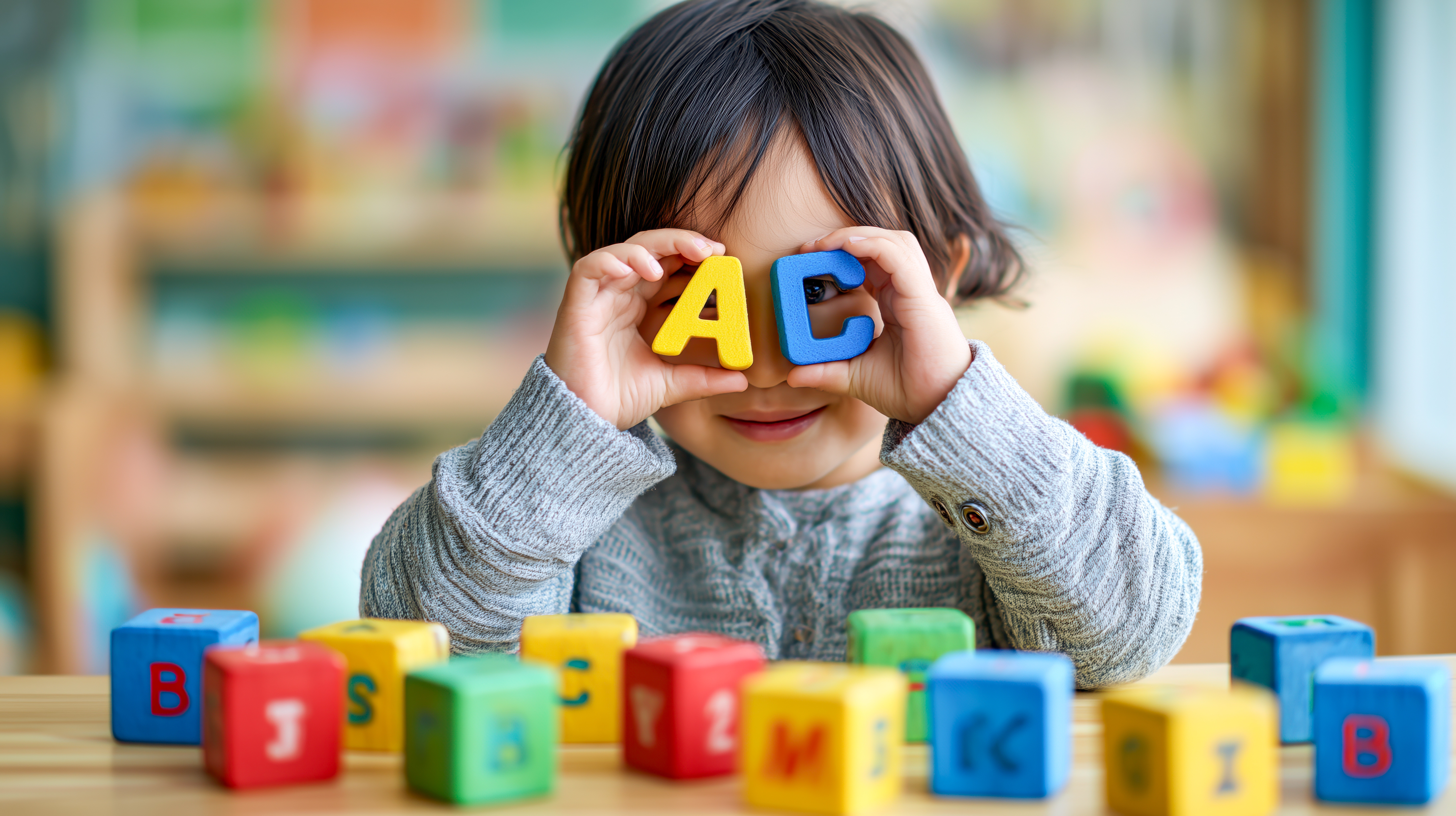 3 year old holding up letters