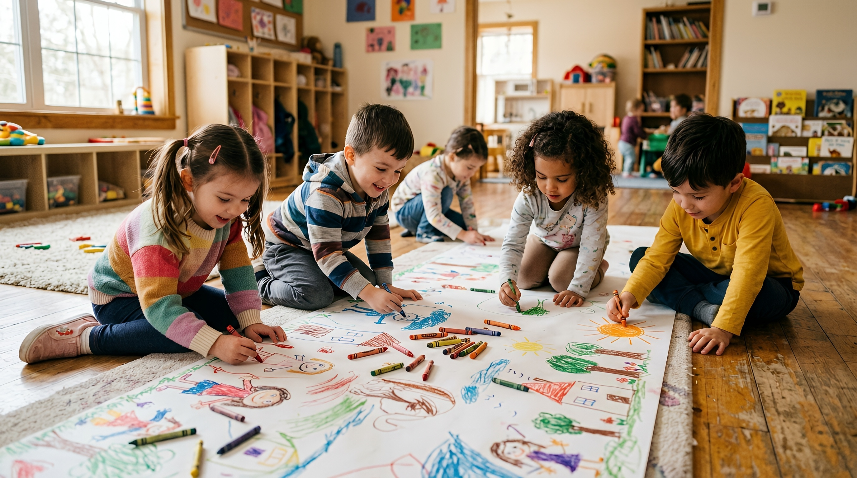 kids coloring on paper together