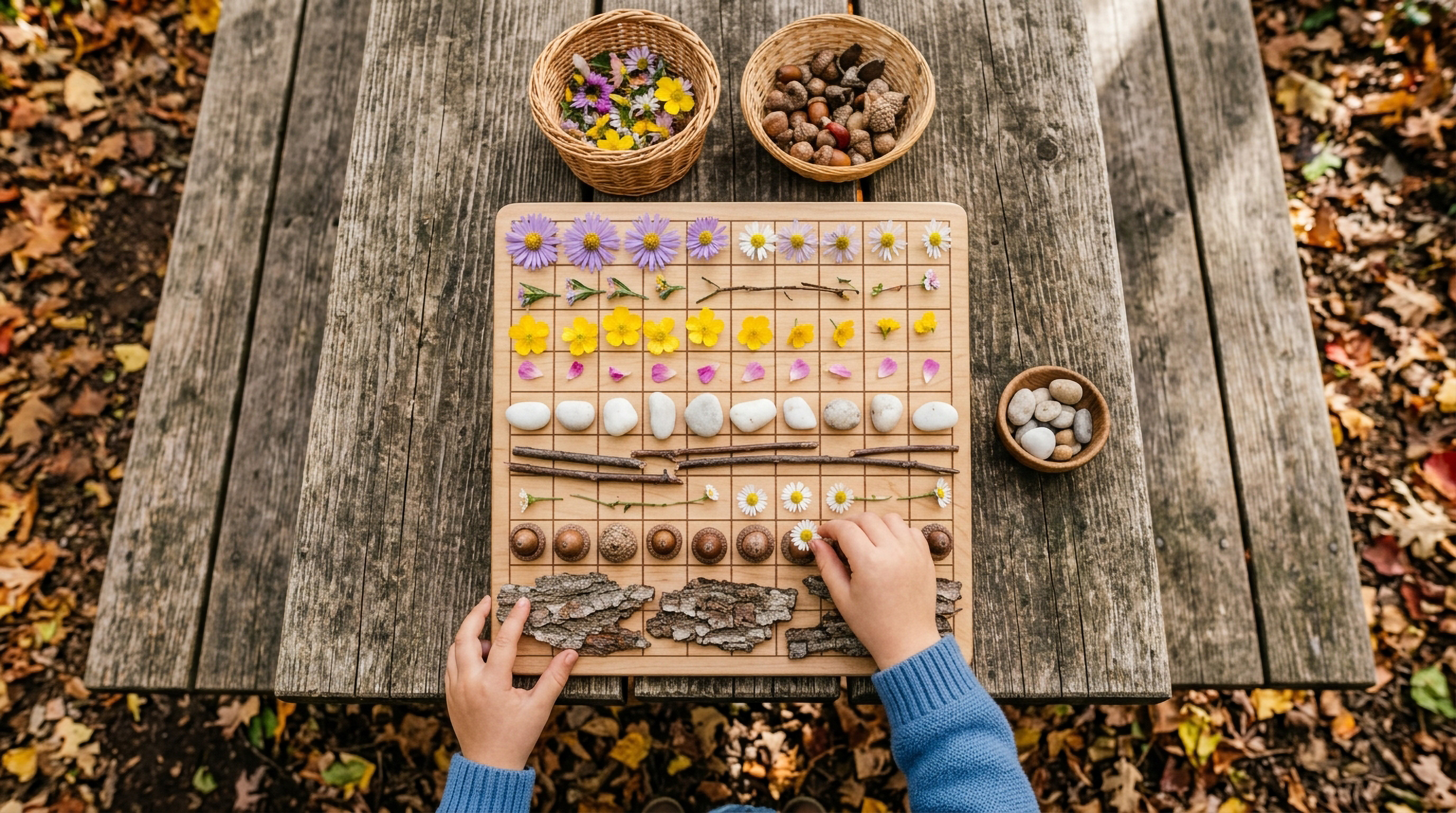 kid sorting outdoor items